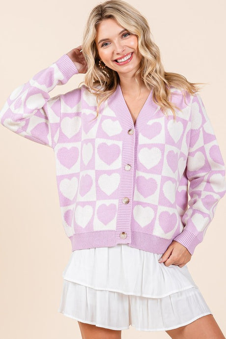 Lilac Checkered Heart Print Knit Sweater Cardigan