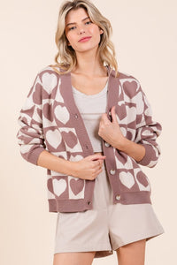 Mocha Checkered Heart Print Knit Sweater Cardigan