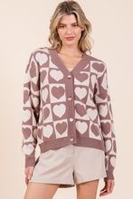 Mocha Checkered Heart Print Knit Sweater Cardigan