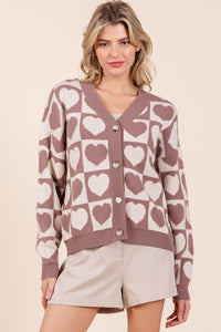 Mocha Checkered Heart Print Knit Sweater Cardigan