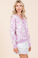 Lilac Checkered Heart Print Knit Sweater Cardigan