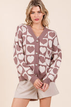 Mocha Checkered Heart Print Knit Sweater Cardigan