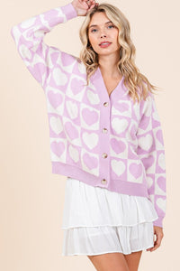 Lilac Checkered Heart Print Knit Sweater Cardigan