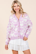 Lilac Checkered Heart Print Knit Sweater Cardigan