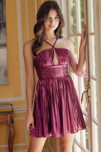 Magenta Sleeveless Skinny Straps Metallic A Line Short Dress