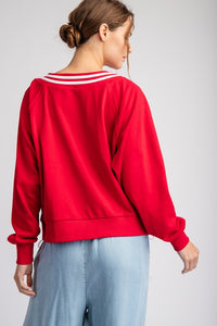 Red Tie Lace Up Long Sleeve Pullover