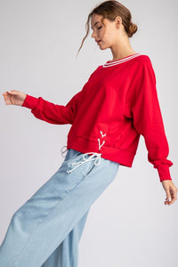 Red Tie Lace Up Long Sleeve Pullover