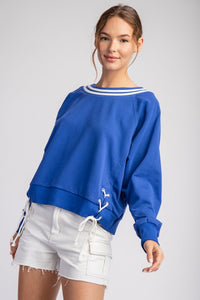 Royal Blue Tie Lace Up Long Sleeve Pullover