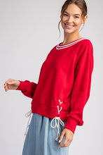 Red Tie Lace Up Long Sleeve Pullover