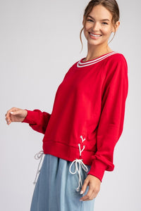 Red Tie Lace Up Long Sleeve Pullover