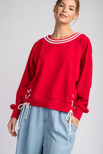 Red Tie Lace Up Long Sleeve Pullover