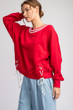 Red Tie Lace Up Long Sleeve Pullover