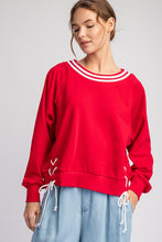 Red Tie Lace Up Long Sleeve Pullover