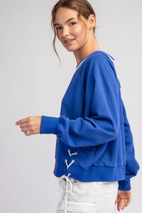 Royal Blue Tie Lace Up Long Sleeve Pullover