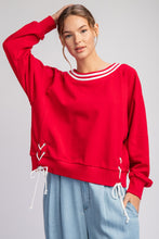 Red Tie Lace Up Long Sleeve Pullover