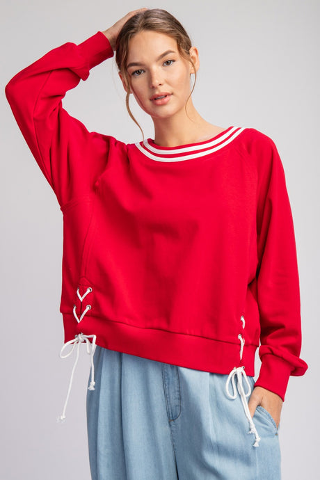 Red Tie Lace Up Long Sleeve Pullover