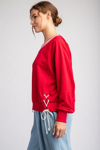 Red Tie Lace Up Long Sleeve Pullover