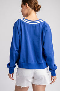 Royal Blue Tie Lace Up Long Sleeve Pullover