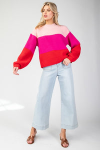 Pink Color Block Long Sleeve Sweater