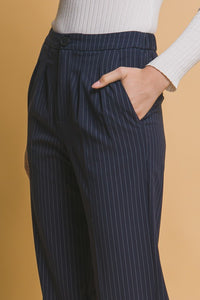 Navy Formal Striped Straight-Leg Pants