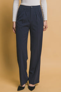 Navy Formal Striped Straight-Leg Pants