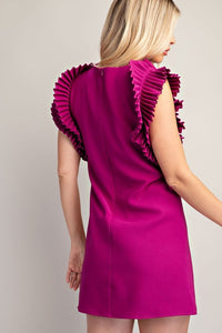 Magenta Pleated Shoulder Mini Dress