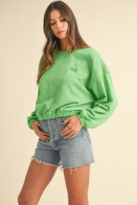 Apple Green Round Neck Crop Pullover Sweatshirt Top