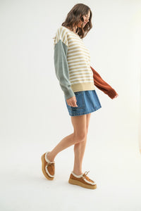 Taupe/White Colorblock Striped Sweater