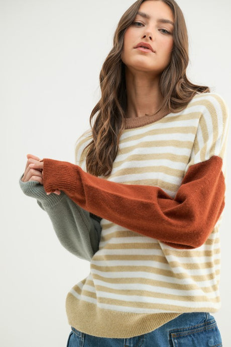 Taupe/White Colorblock Striped Sweater