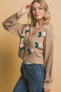 Khaki Mid Cropped Flower Cardigan