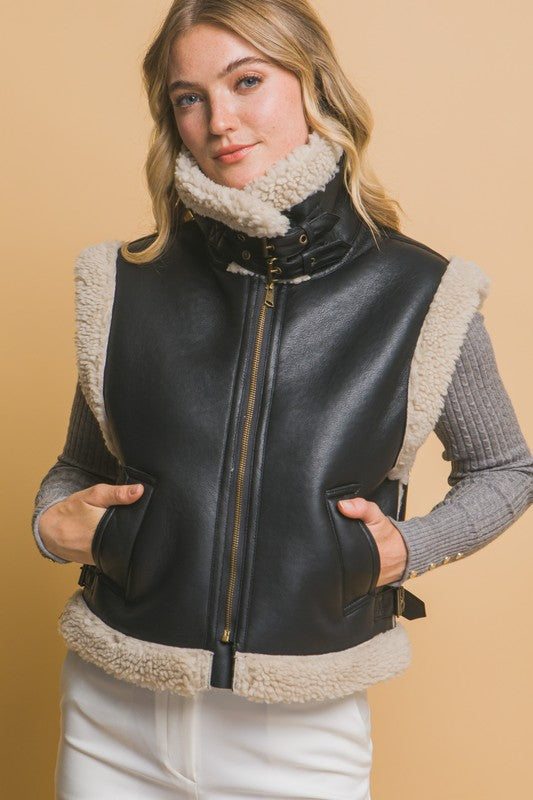 Black At Truffle Faux Leather Shearling Vest