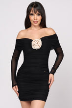 Black Luxe Corsage Rosette Off Shoulder Mini Dress