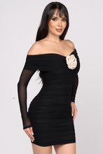 Black Luxe Corsage Rosette Off Shoulder Mini Dress