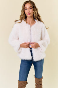 Ivory Faux Fur Coat With Hook And Eye Closure