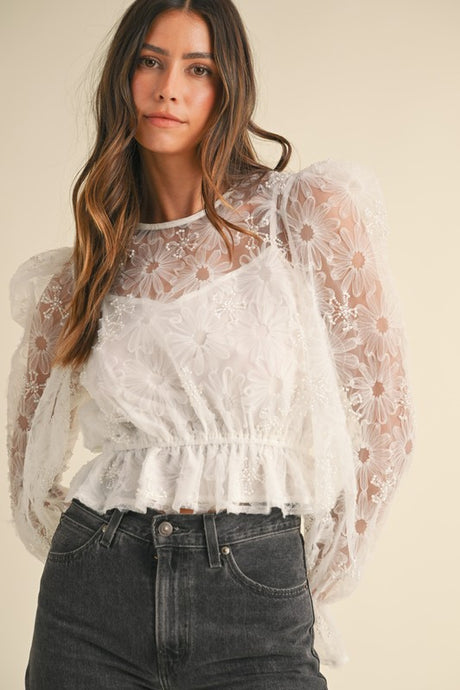 Off White Textured Embellished Floral Peplum Blouse Top