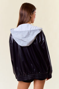 Black/H.Grey Vegan Leather Hooded Jacket W/ Welt Pocket