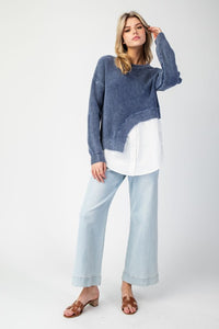 Denim Stone Washed Asymmetrical Sweater Layered Shirt