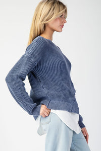 Denim Stone Washed Asymmetrical Sweater Layered Shirt