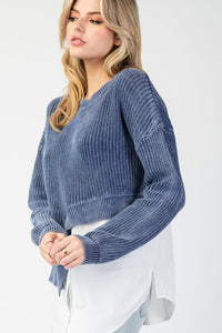 Denim Stone Washed Asymmetrical Sweater Layered Shirt