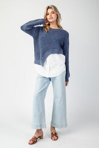 Denim Stone Washed Asymmetrical Sweater Layered Shirt