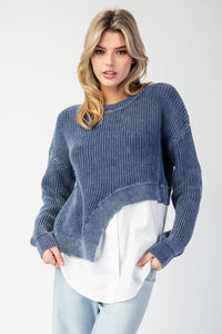 Denim Stone Washed Asymmetrical Sweater Layered Shirt