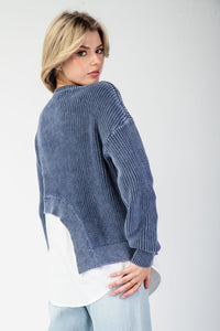 Denim Stone Washed Asymmetrical Sweater Layered Shirt