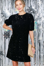 Black Puff Short Sleeve Sequin Velvet Mini Dress