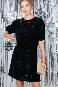 Black Puff Short Sleeve Sequin Velvet Mini Dress