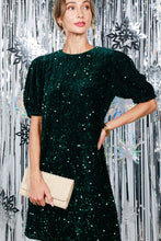 Hunter Green Puff Short Sleeve Sequin Velvet Mini Dress