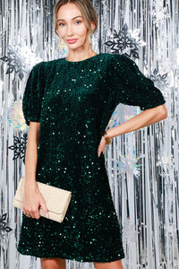 Hunter Green Puff Short Sleeve Sequin Velvet Mini Dress