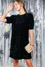 Black Puff Short Sleeve Sequin Velvet Mini Dress