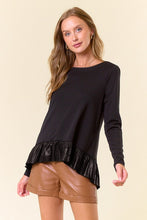 Black PU Ruffled Babydoll Long Sleeve Top