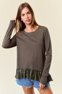 Army PU Ruffled Babydoll Long Sleeve Top