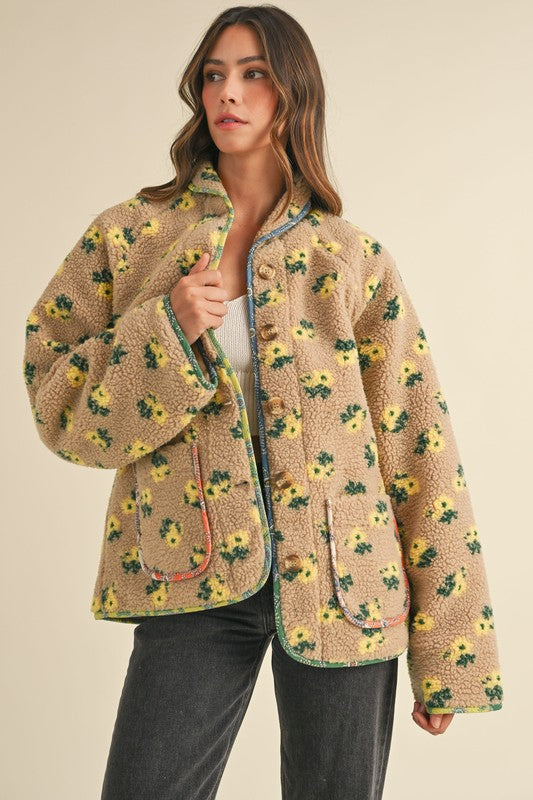 Taupe Floral Print Sherpa Jacket Contrast Piping Detail